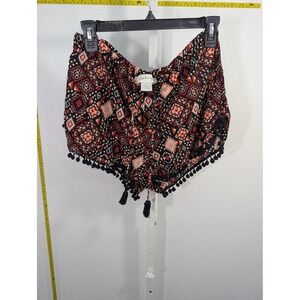 Kiss & Cry Womens‎ Geometric Tribal Print Pom Pom Tassel Shorts Red Black Size M